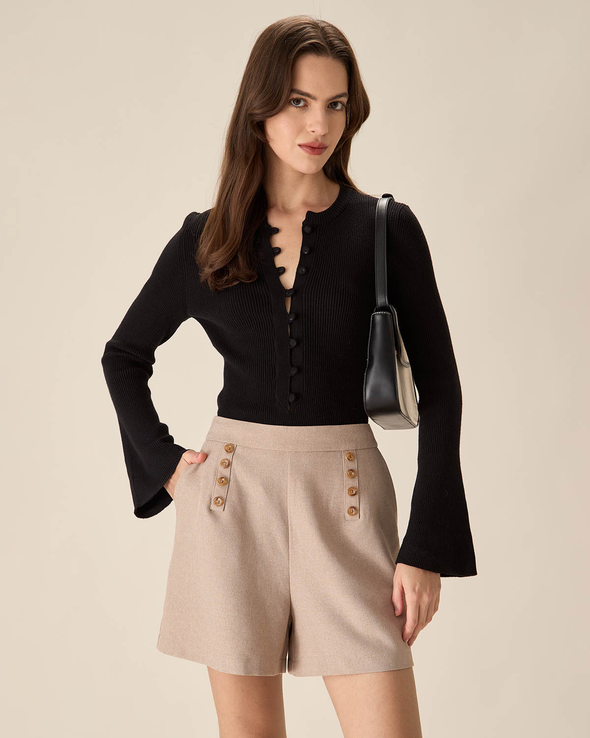 The Black Round Neck Button Up Knit Top & Reviews - Black - Tops