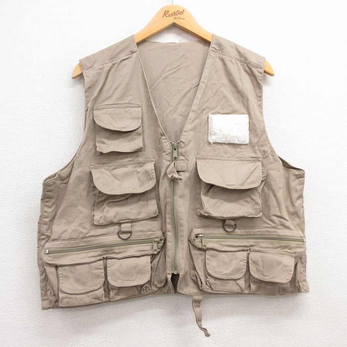 古着通販 L☆古着 フィッシング ベスト メンズ コットン 濃ベージュ