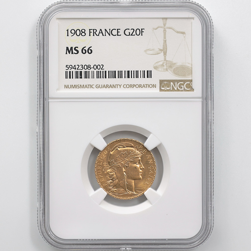 1908 フランス マリアンヌ・ルースター 20フラン 金貨 NGC MS 66 完全