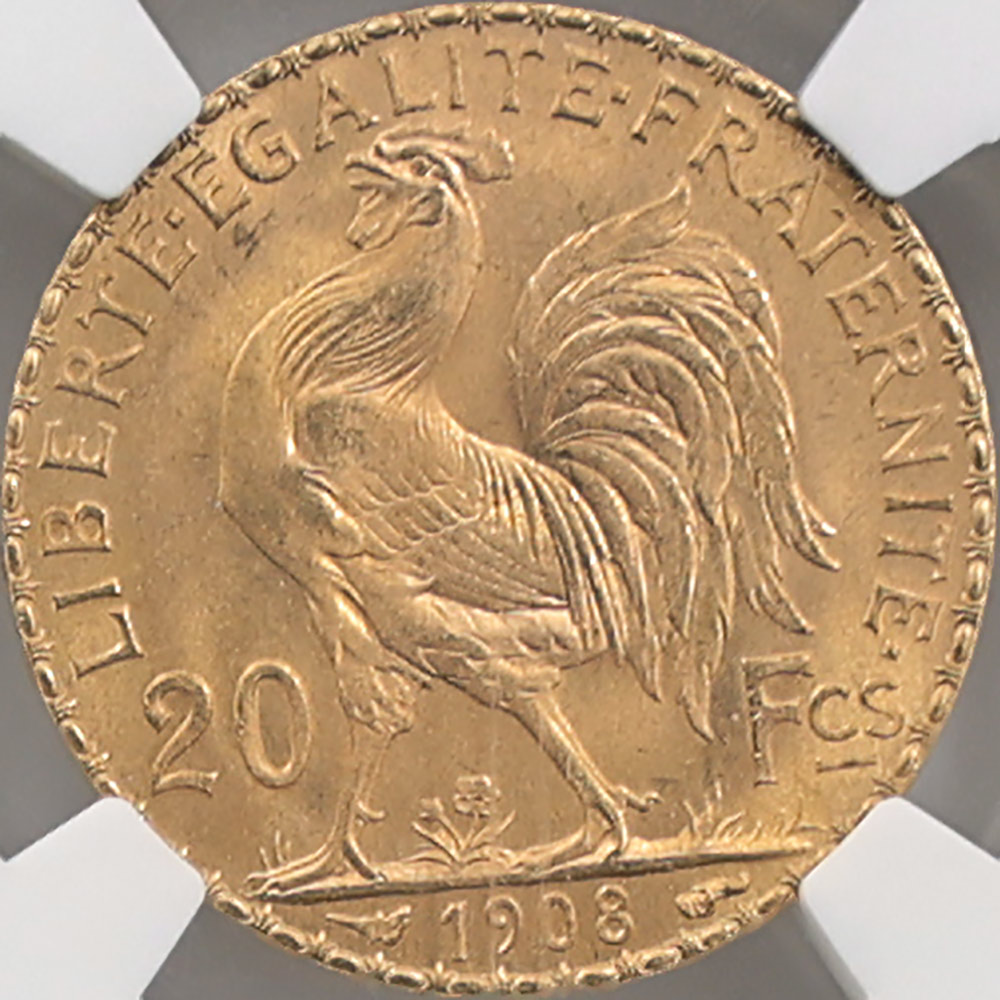 1908 フランス マリアンヌ・ルースター 20フラン 金貨 NGC MS 66 完全