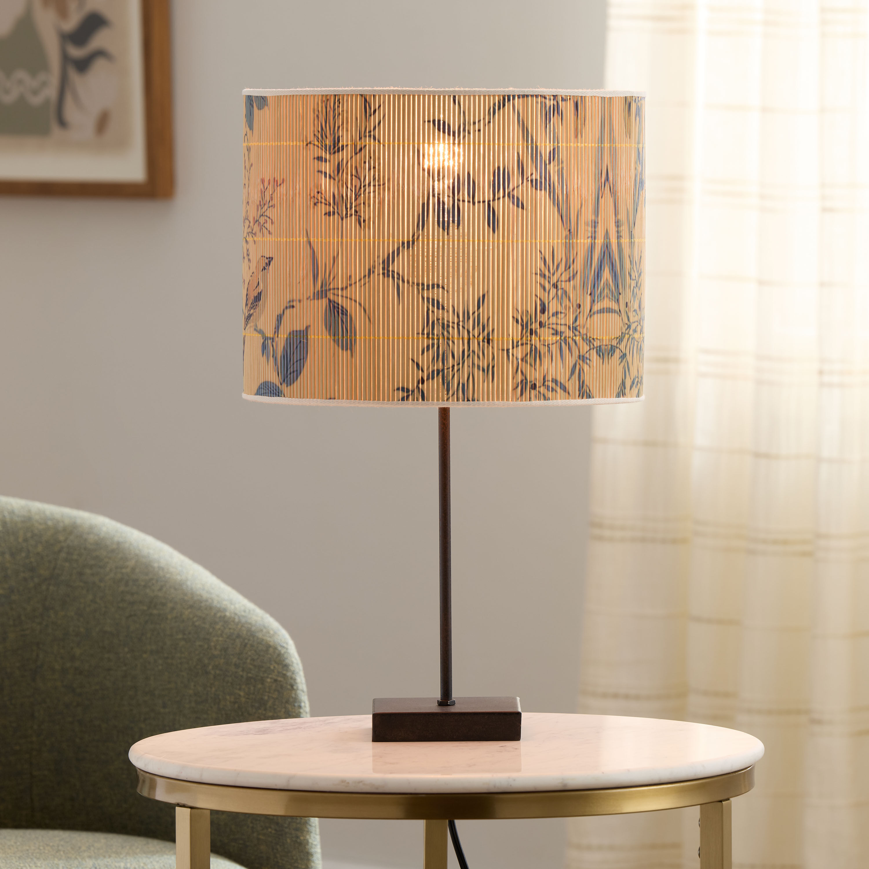 Serafina Mint Green Bamboo with Birds Drum Table Lamp Shade