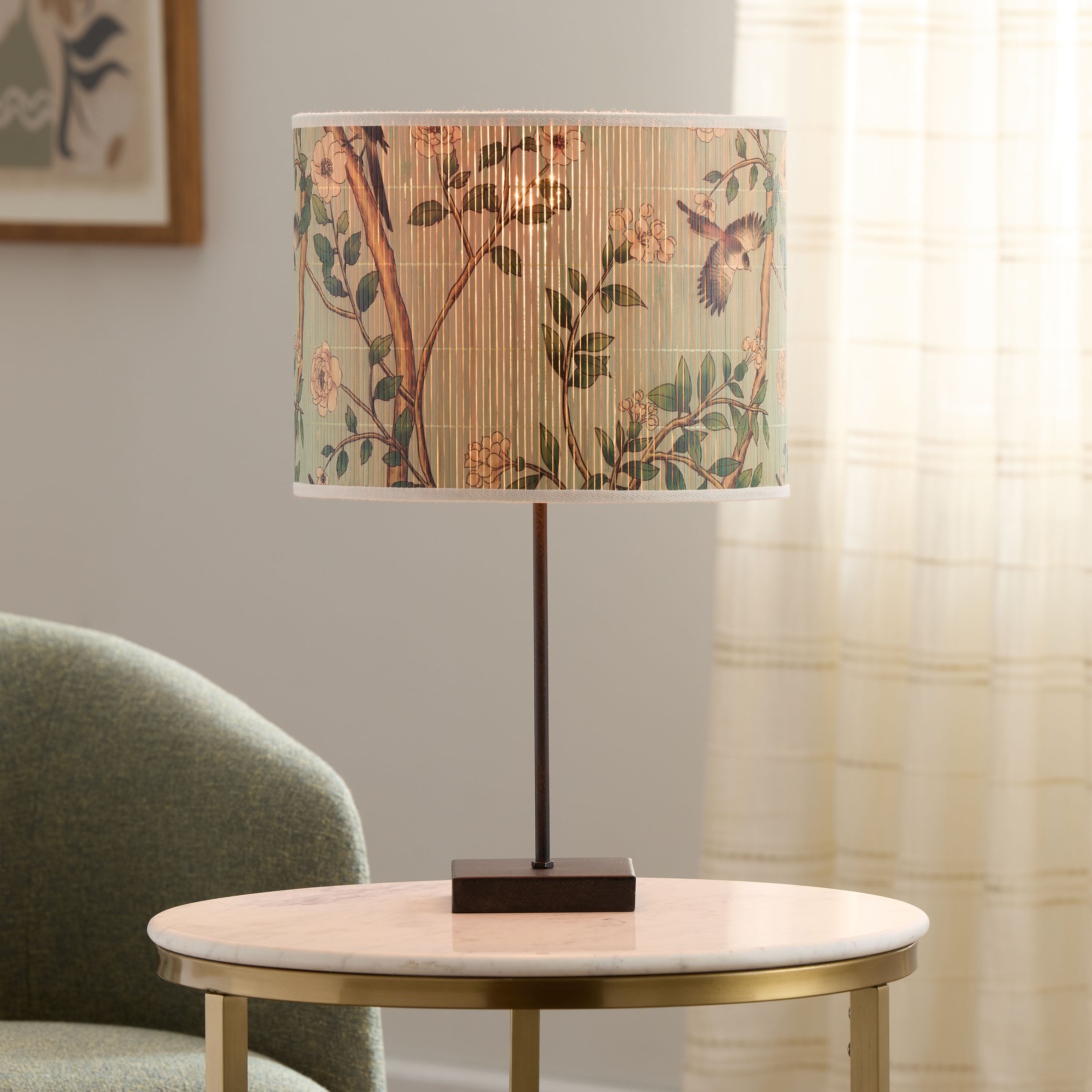 Serafina Mint Green Bamboo with Birds Drum Table Lamp Shade
