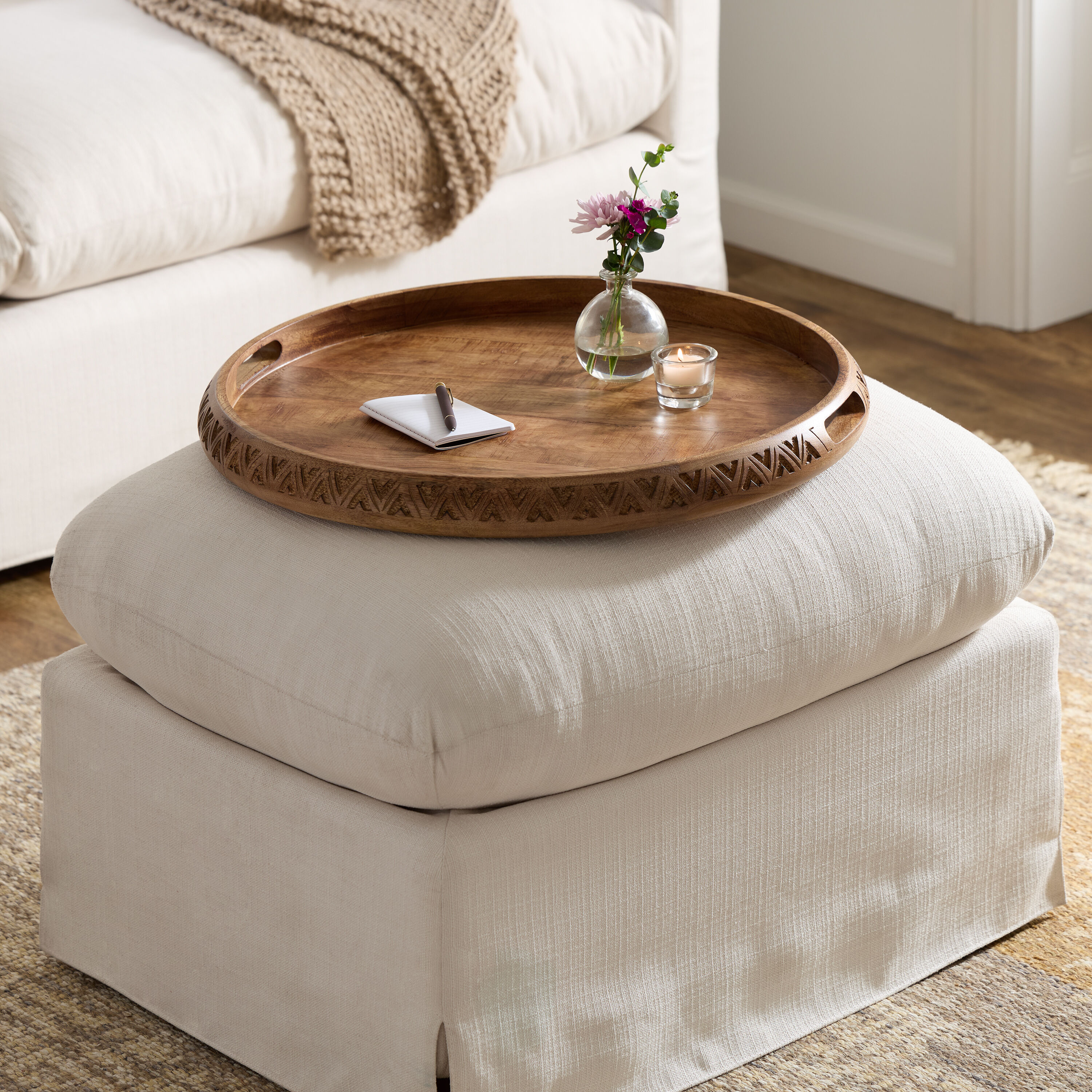 Colette Round Warm Chestnut Carved Geo Ottoman Tray - World Market