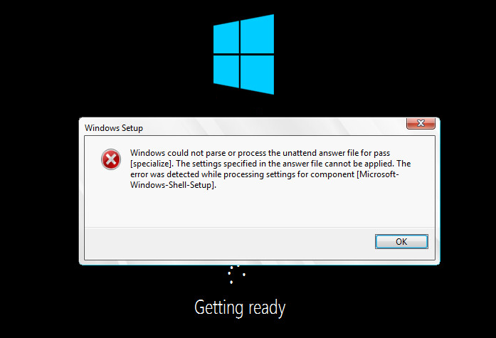 Windows could not parse or process the unattend answer file for
