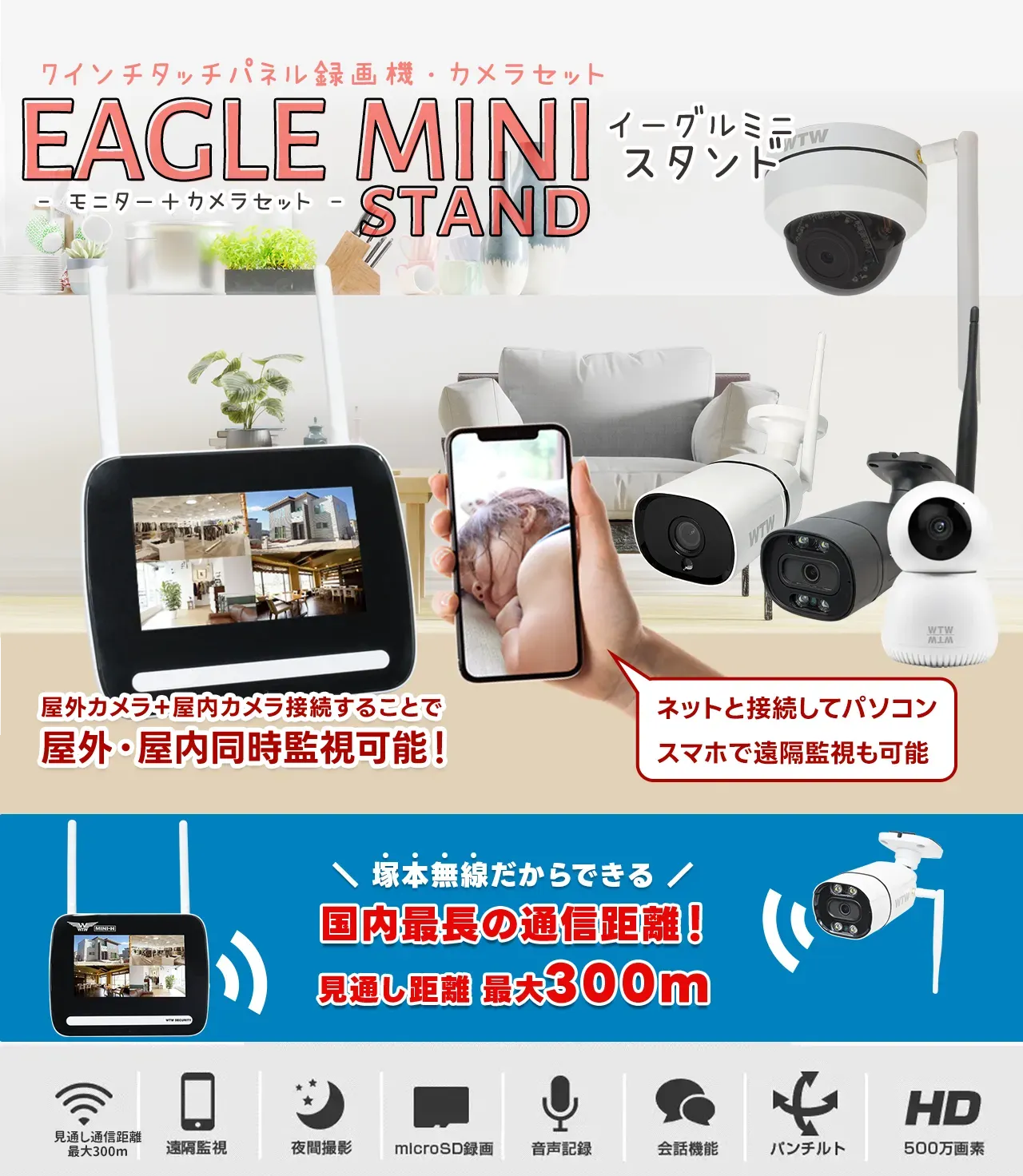 ワイヤレス 無線でカメラと接続！ 7インチモニターとカメラ1～4台