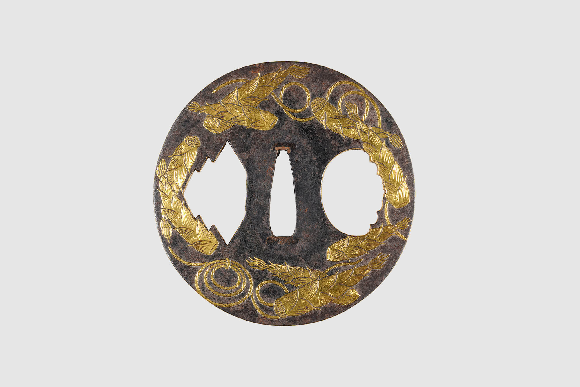 鉄地金象嵌松笹梅筍文鍔 銘 阿州住勝吉作／ホームメイト