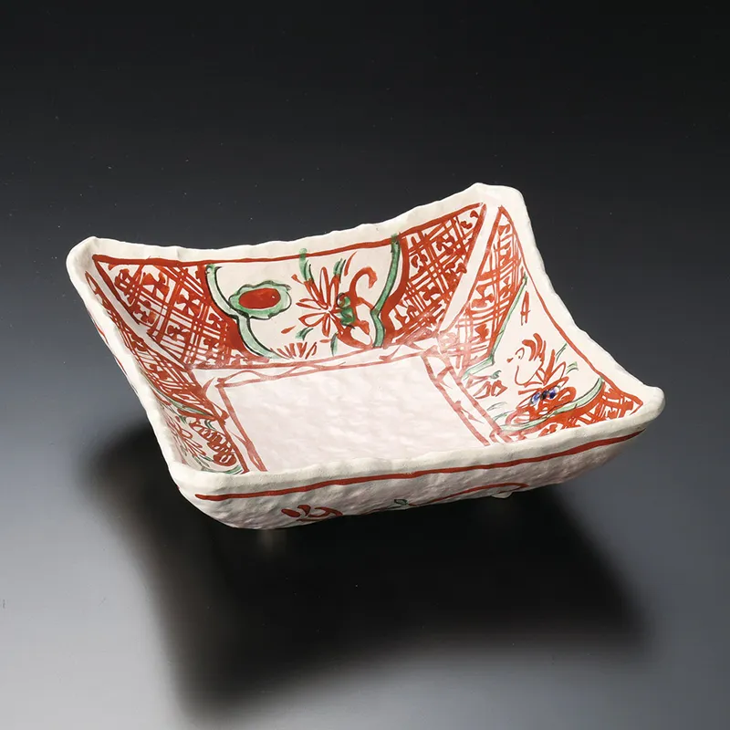 鉢□古い赤絵六角鉢 魁（江戸期）時代物 花唐草魚紋 大清康照年製 古