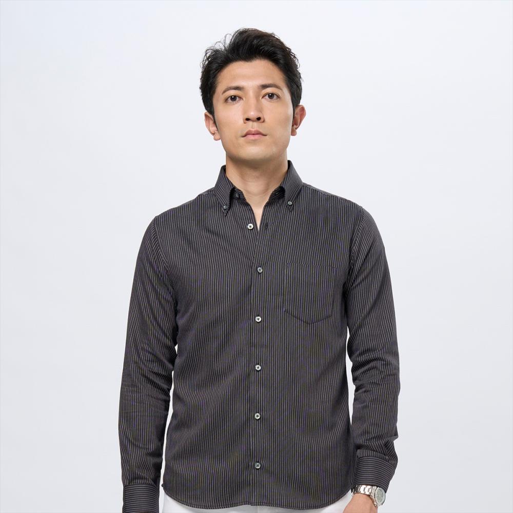 デザインカジュアルシャツ ボタンダウン 長袖 メンズ(S ブラック