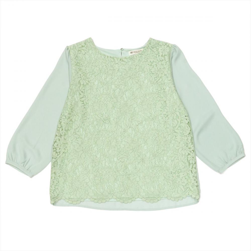 カジュアルシャツ 前身レースブラウス 七分袖 ミントグリーン