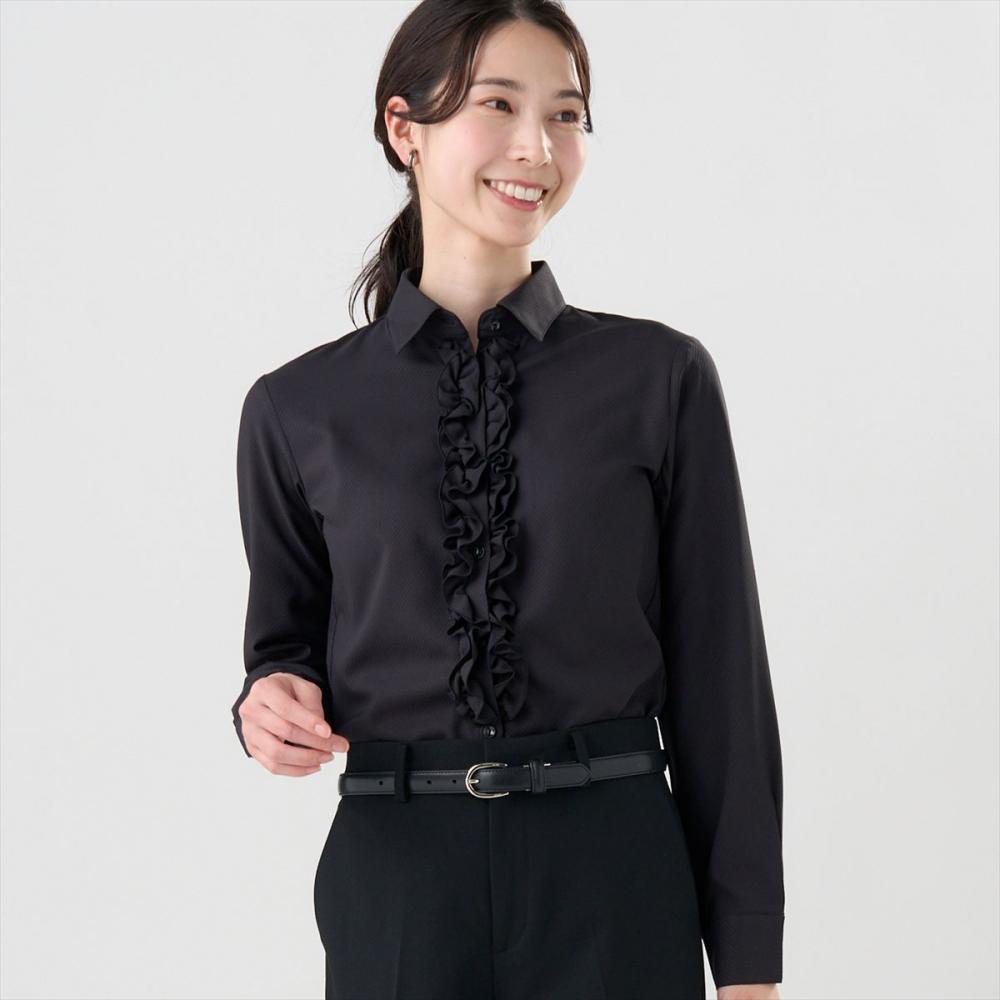 COFREX】 前立ミニフリルブラウス 長袖 レディースデザインシャツ(S