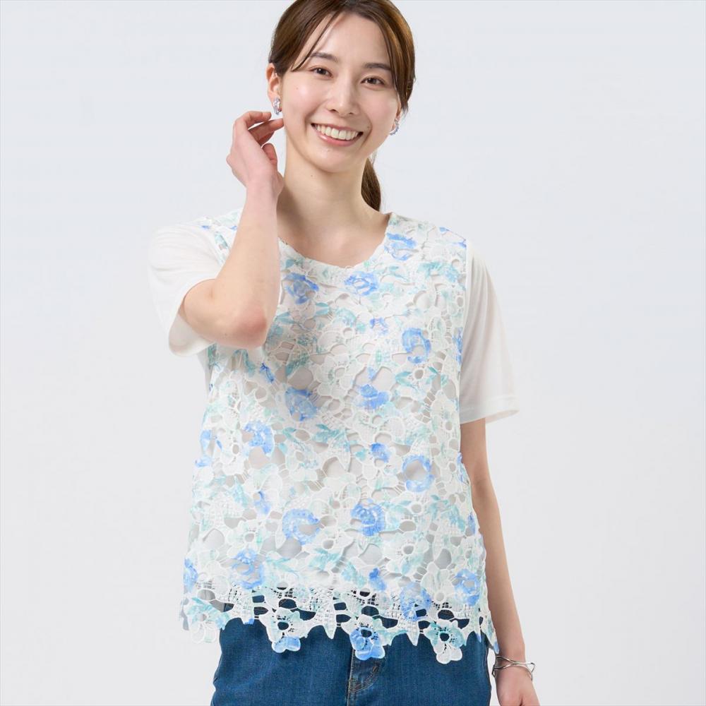花柄レースプルオーバー 半袖 レディース(M ブルー): 東京シャツ公式