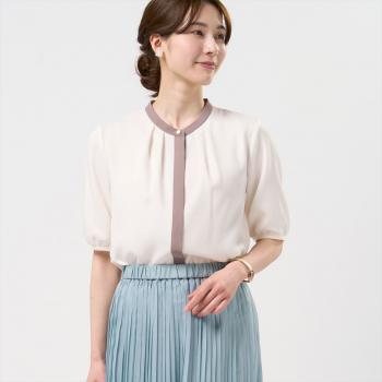 フロントタック ストライプブラウス 長袖 レディース(M グレー): 東京