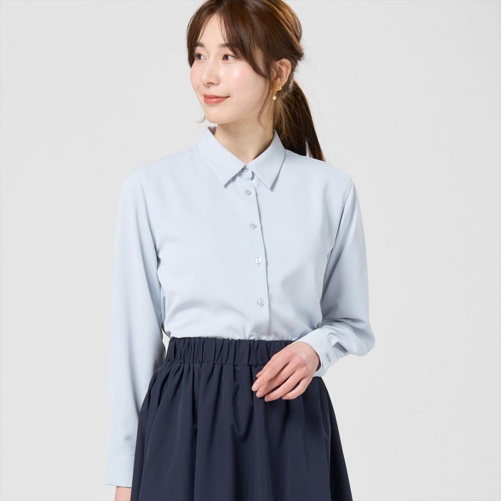 シルキーサテン シャツカラーブラウス 長袖 レディース(M ブルーグレー