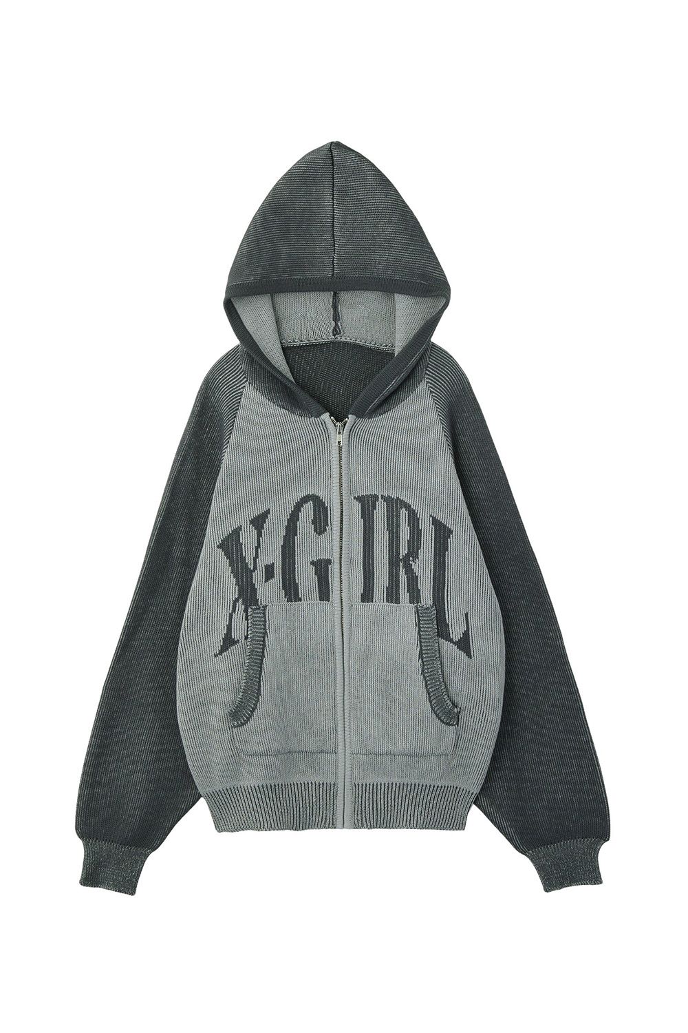 X-girl - LOGO JACQUARD ZIP UP KNIT HOODIE / グレー | Tempt