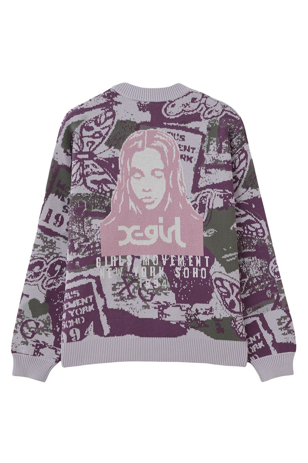 X-girl - COLLAGE GRAPHIC JACQUARD KNIT CARDIGAN / パープル | Tempt