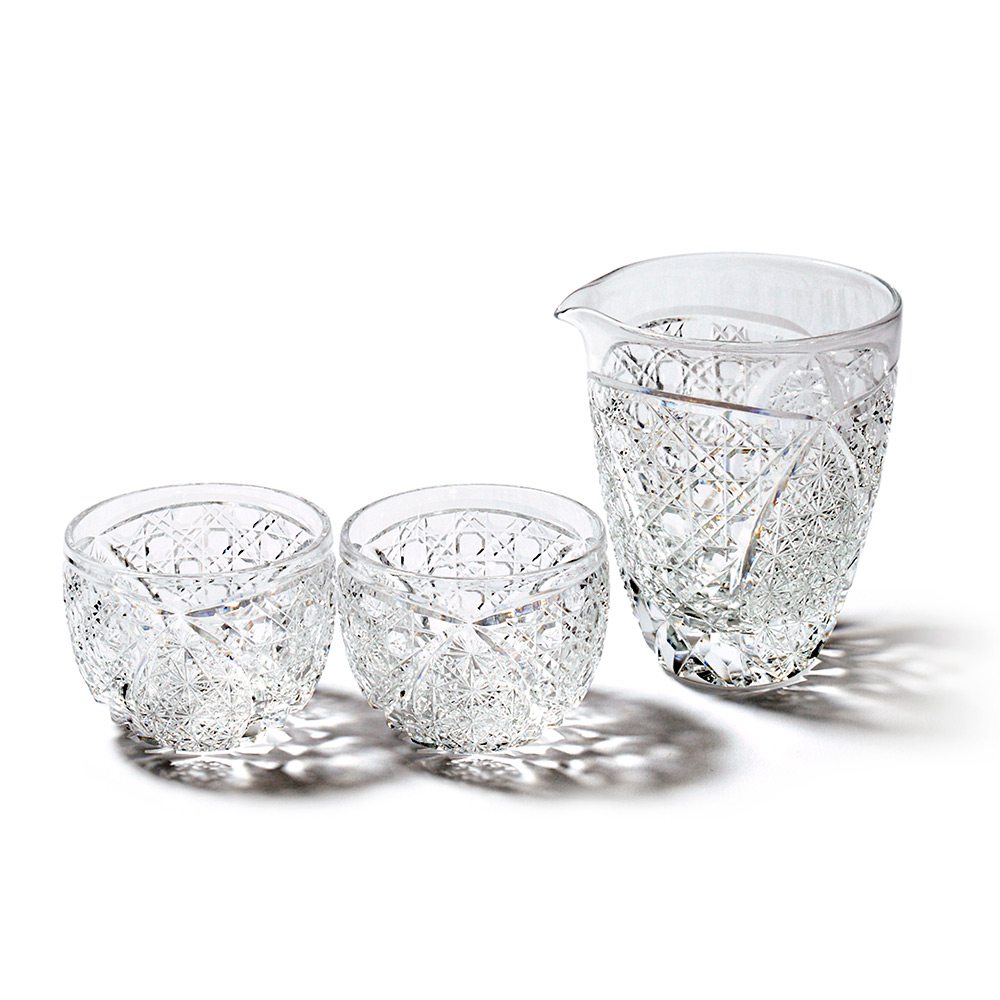 江戸切子 菊繋ぎに籠目紋 酒器三点揃（透き） | 商品詳細 | 高島屋