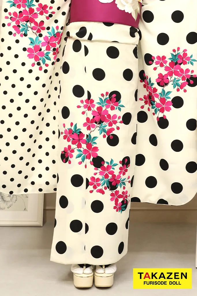 レトロモダン 白/ピンク ドット柄/水玉模様 人気 個性的振袖 ポップ
