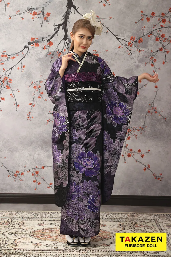 グラマラス 黒/紫 牡丹柄 派手 目立つ セクシー モード系振袖 キラキラ