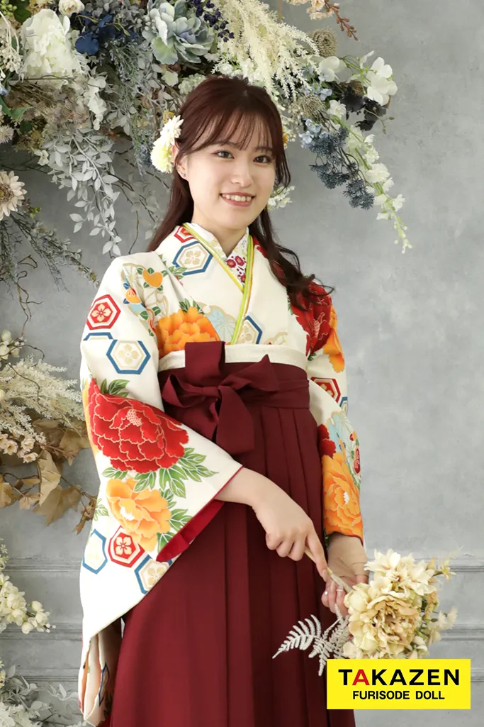 正統派古典 白/オレンジ/赤 牡丹柄 古風 教員袴 人気 大人っぽい【通販