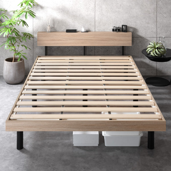 シングル］RENEW 宮棚付きベッド 高さ調節OK 2口コンセント付 ベッド