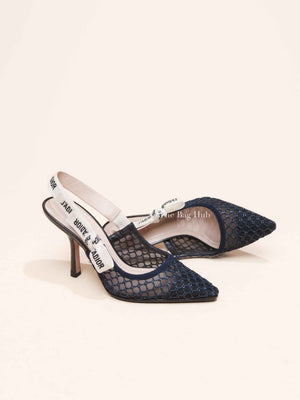 Dior Navy Blue Resille/Lambskin J'adior Slingback Pumps Size 36