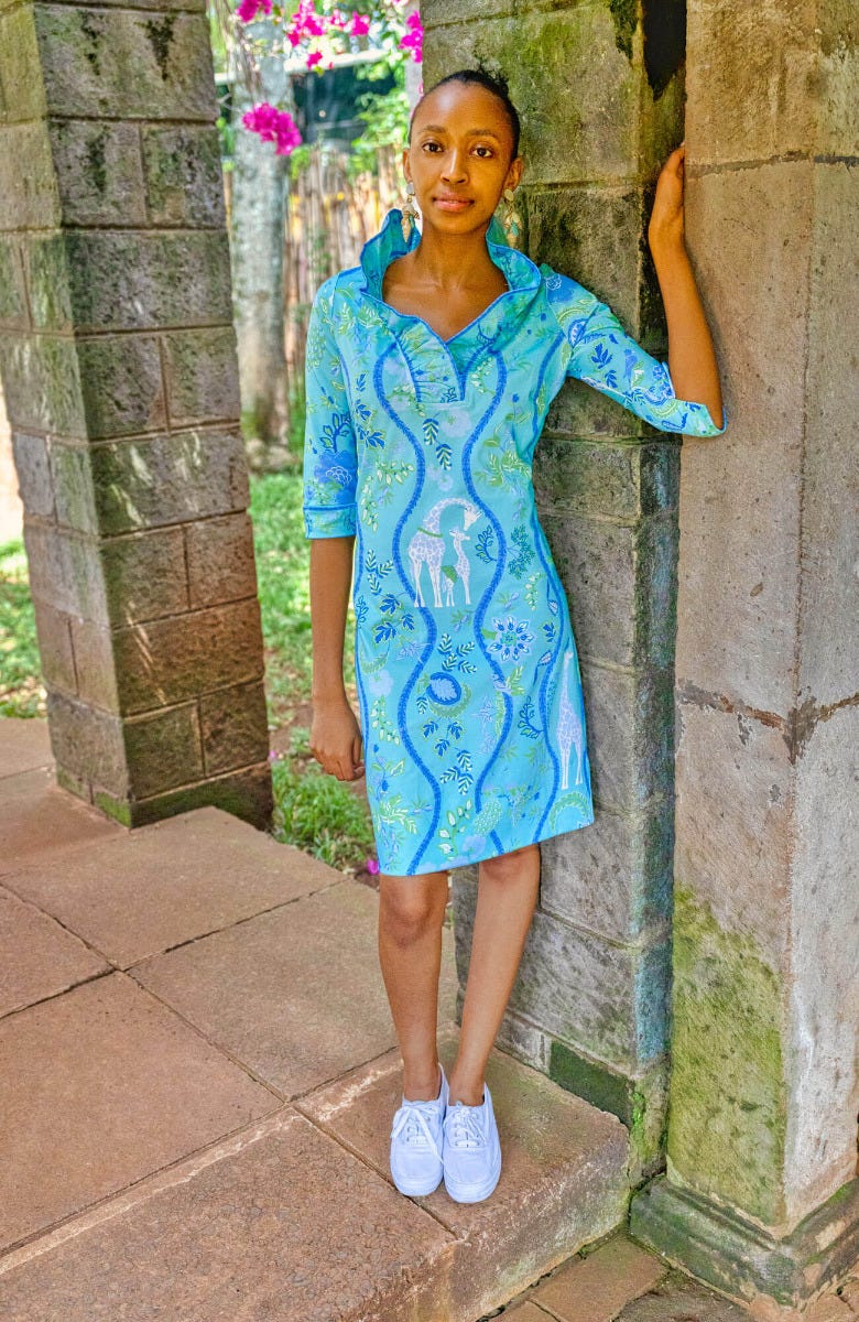 Gretchen Scott Ruff Neck Jersey Dress in Jungle Symphony Turquoise