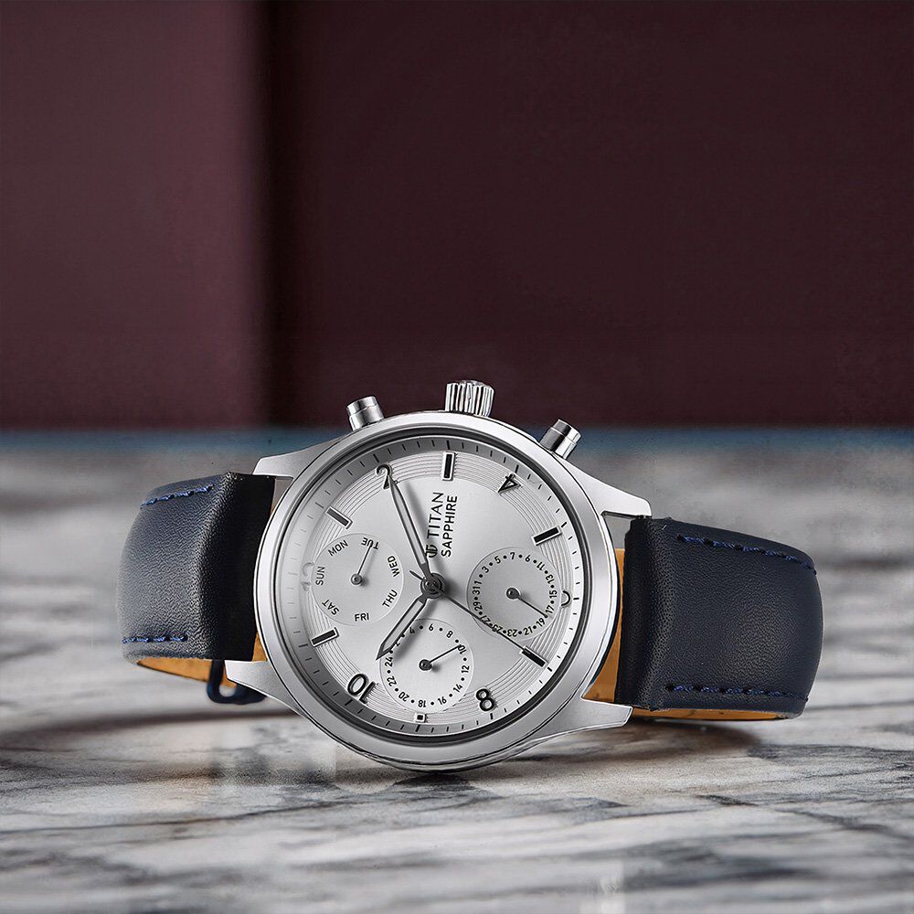 Buy Online Titan Sapphire Quartz Multifunction Silver Dial Leather