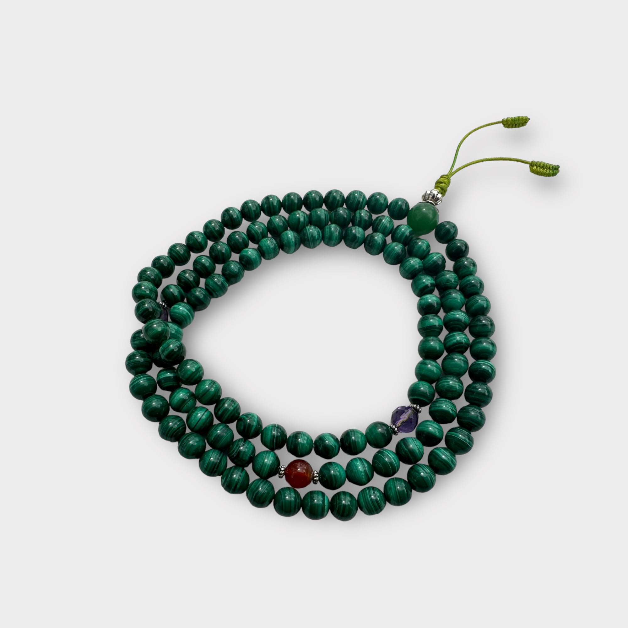 Natural Malachite Mala with Amethyst and Carnelian Spacers - Tibet