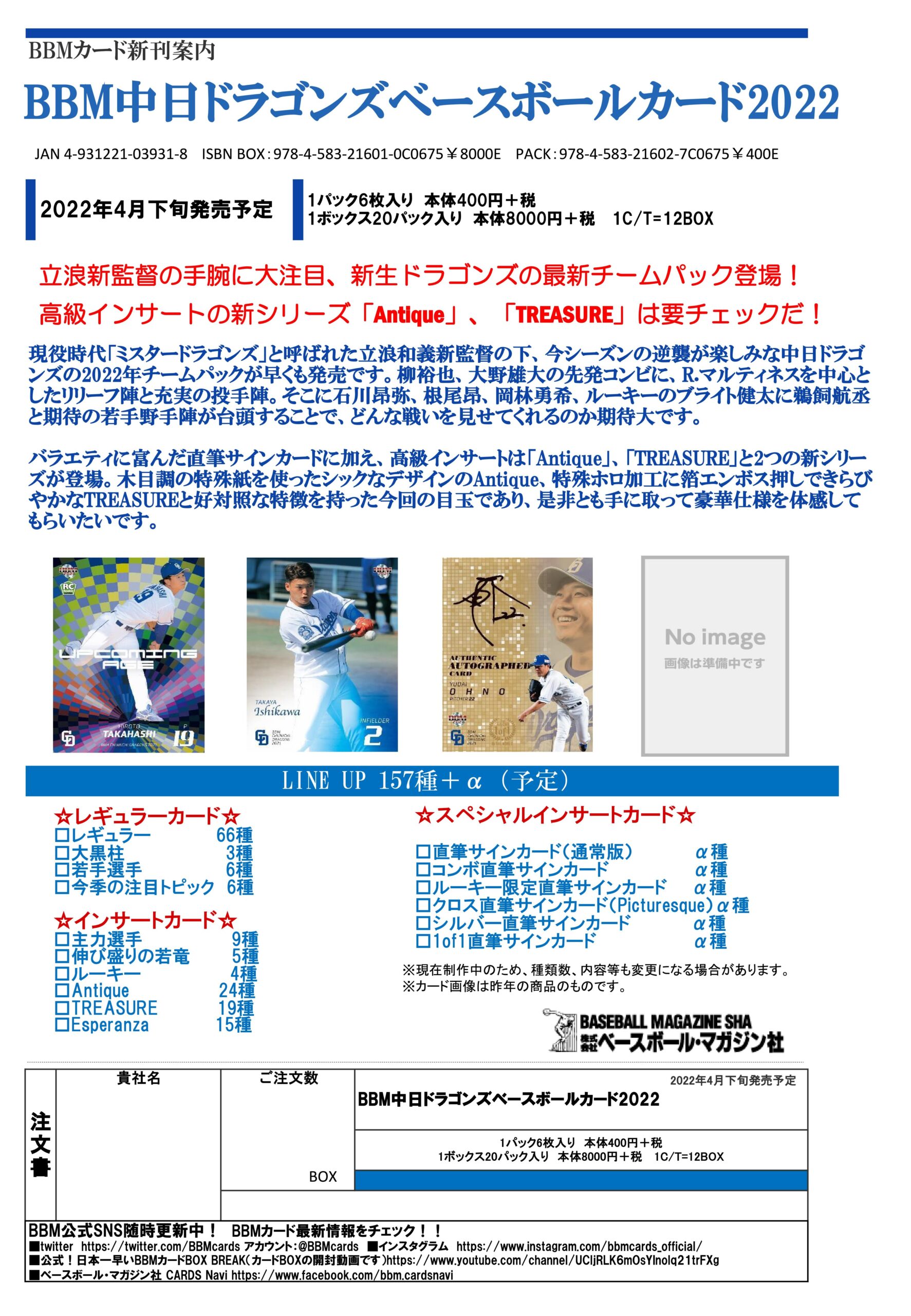 ⚾ BBM 中日ドラゴンズ ベースボールカード 2022【製品情報