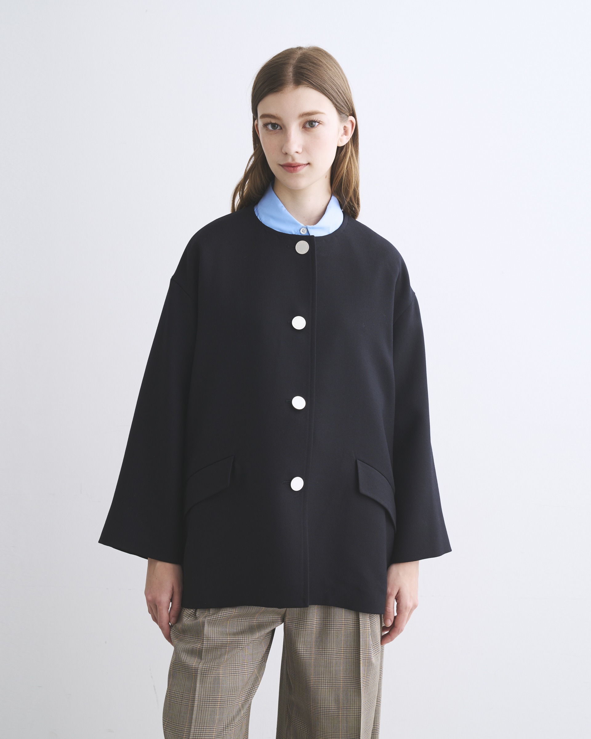 LINTON NO COLLAR SHORT リントン ノーカラー ショート｜ネイビー