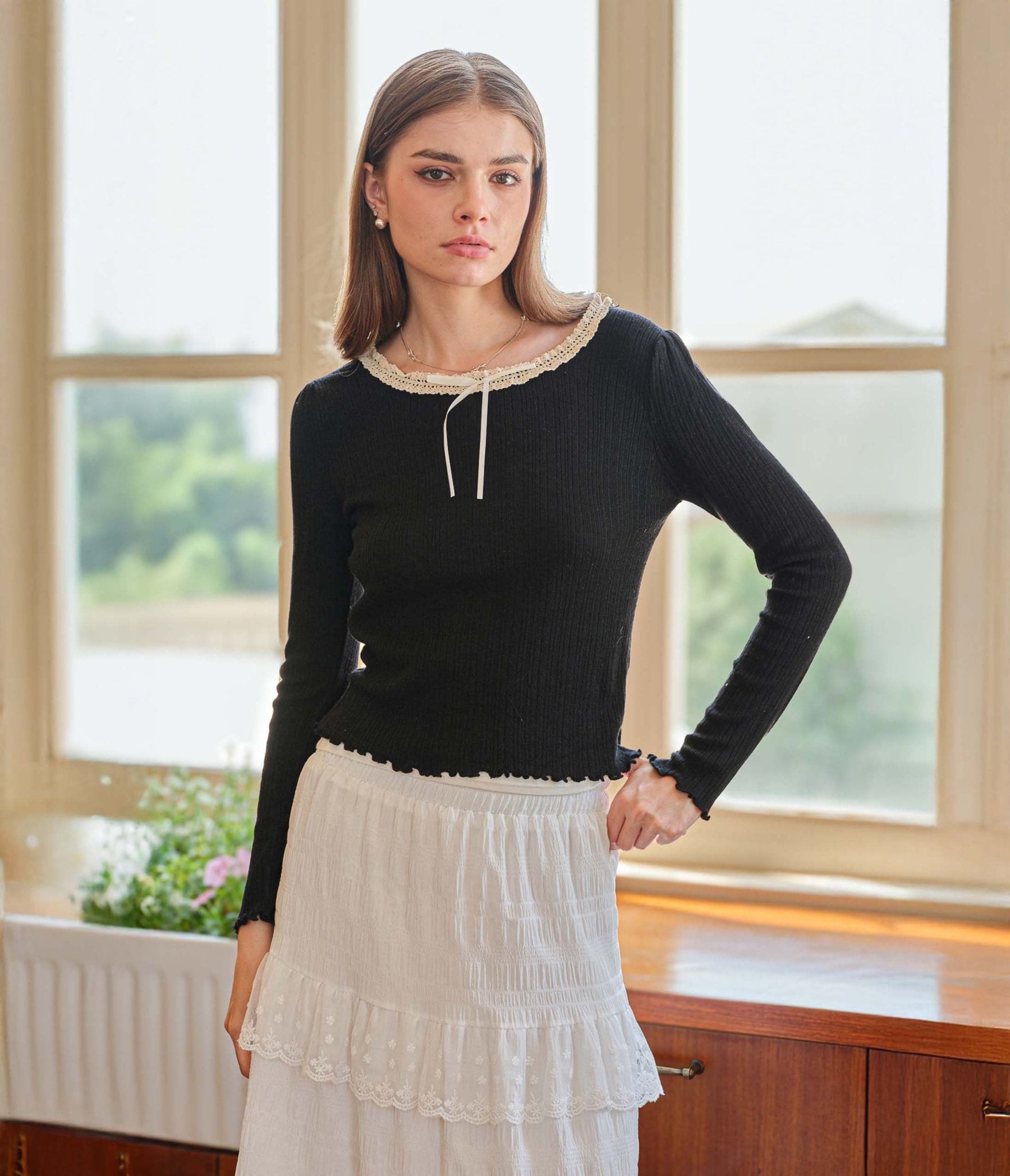 Black Lace Ribbon Knit Top – Unique Vintage