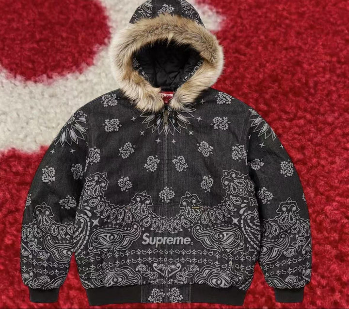 Supreme Bandana Jacquard Denim Hooded Work Jacket Black SS25