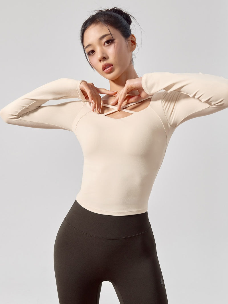 コットンライク クロス ストラップ 長袖 ブラトップ