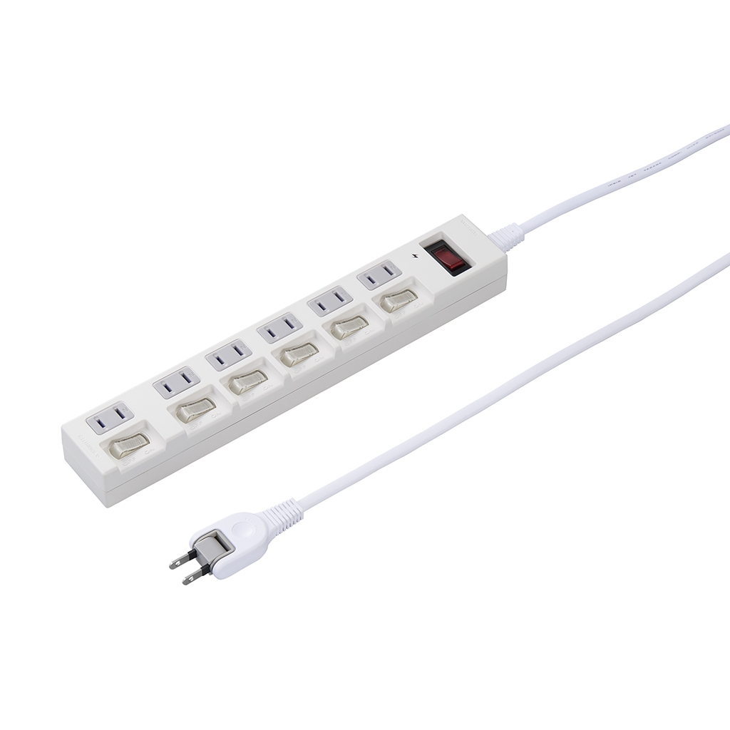 個別集中スイッチ付節電タップ6個口2m白｜YAZAWA CORPORATION