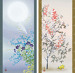 美品 掛け軸 佐藤純吉作 花鳥四季揃図 共箱 4本セット 美術年鑑掲載 美