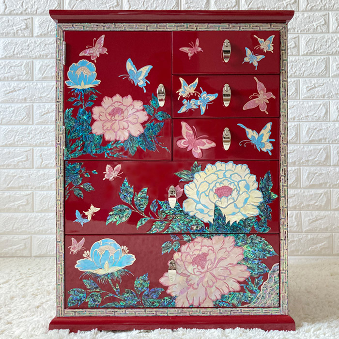韓国高級螺鈿飾りチェスト 引き出し家具 小物入れ(赤)高さ60cm