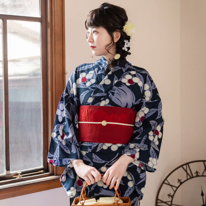 浴衣: YK036 きもの町 紺 鳥と木の実 | 京都着物レンタル夢館