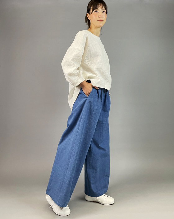 備後絣】ワイドパンツ うす藍ロング丈｜工房 徳元 TOKUGEN ONLINE SHOP