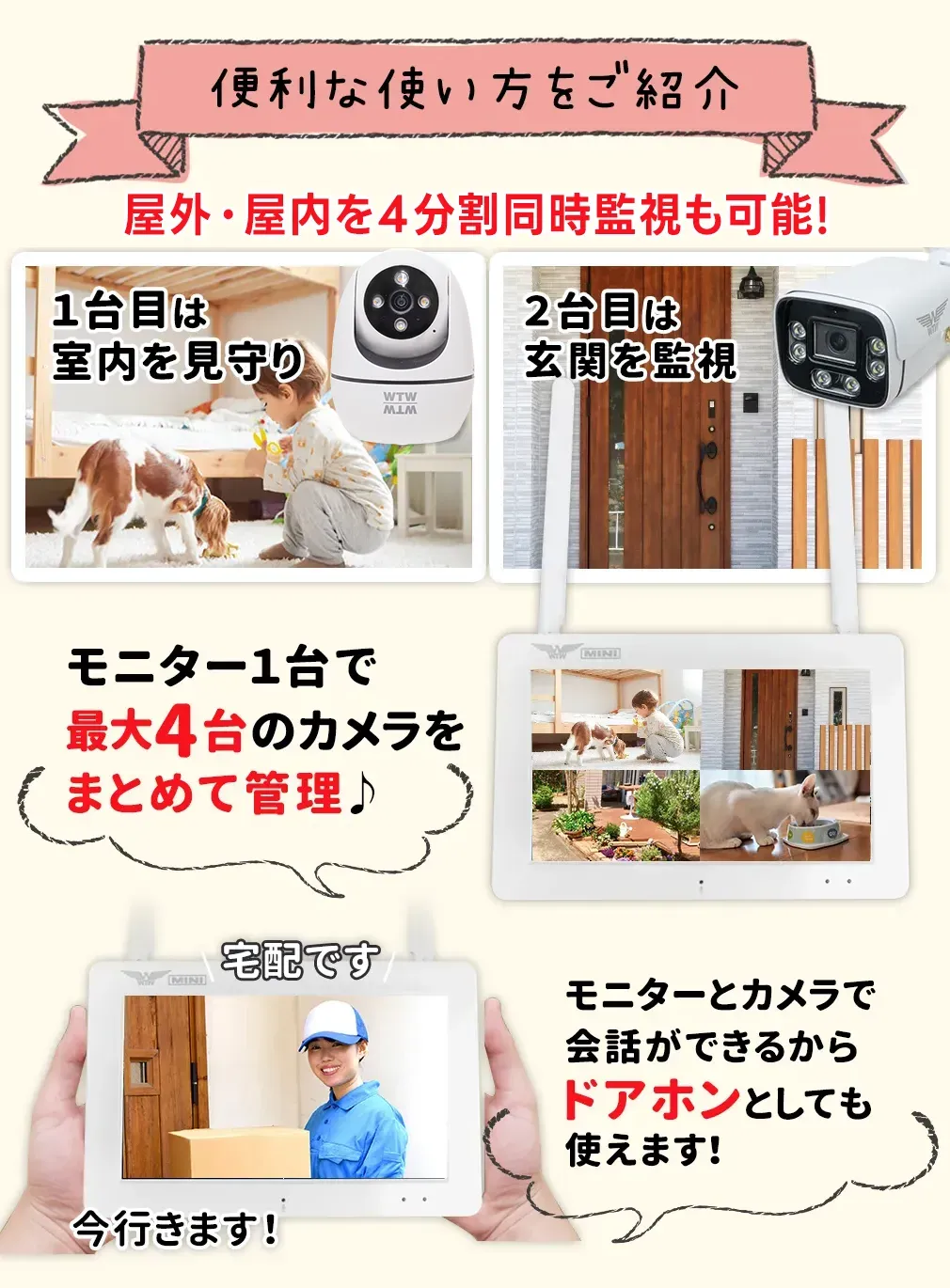 WTW塚本無線公式】WIFI ペットカメラ 玄関灯 防犯灯カメラと7インチ