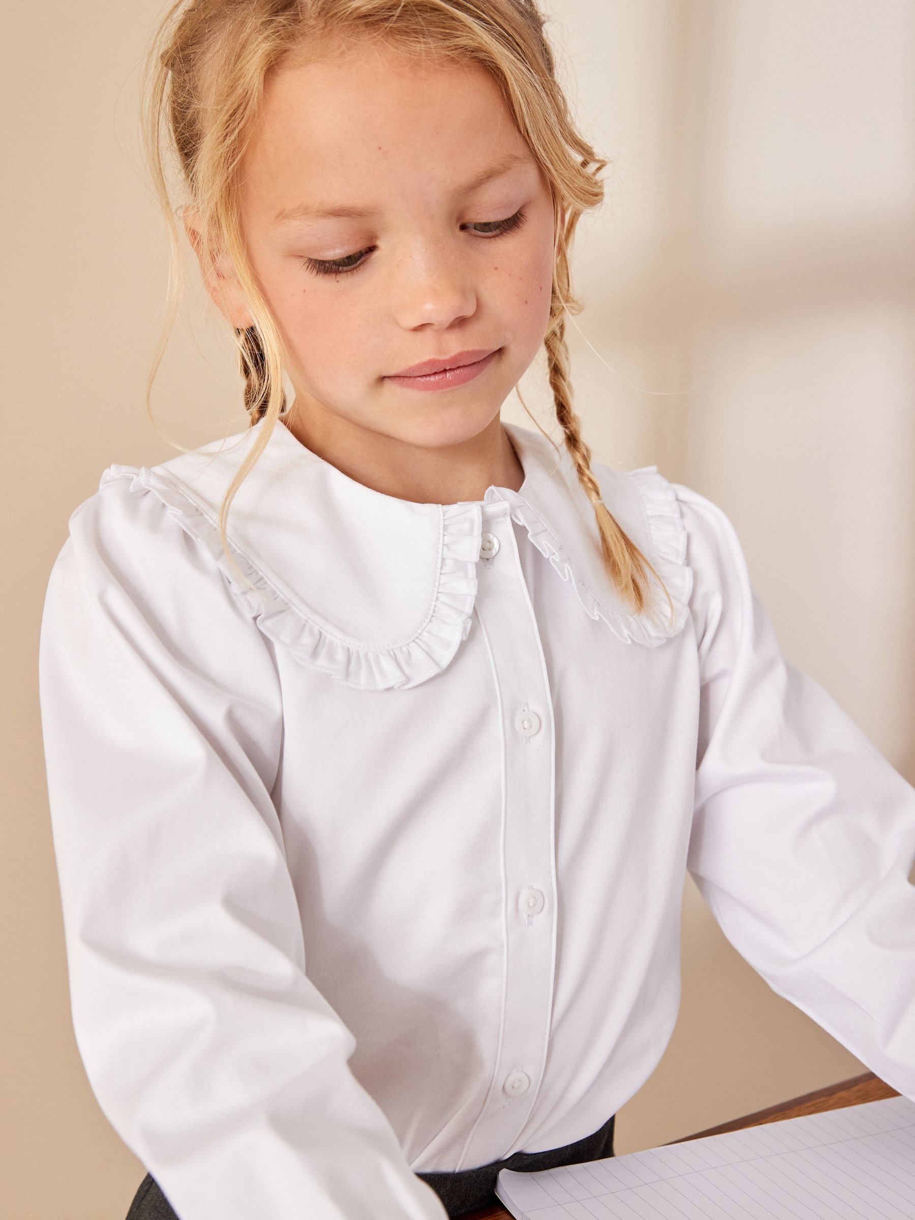 Buy White Premium Cotton Stretch Frill Collar Long Sleeve School