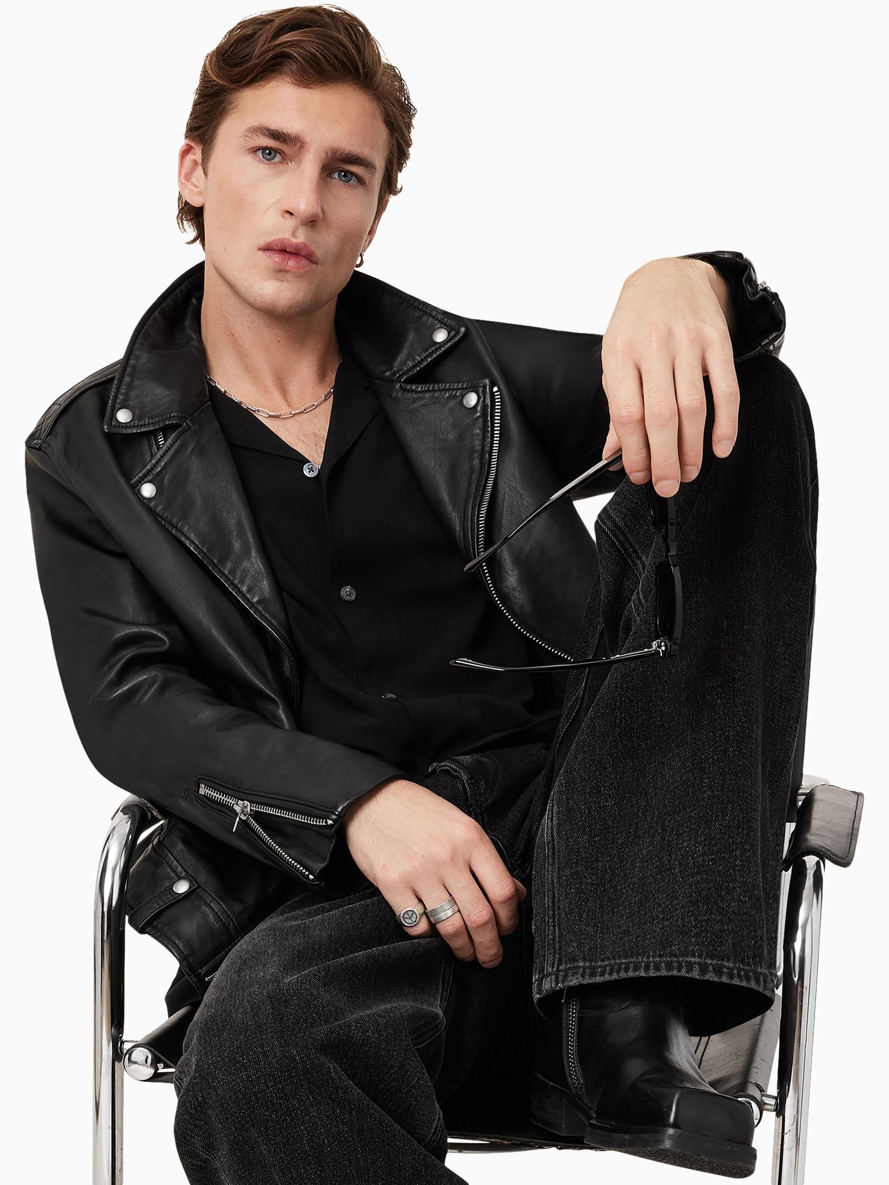 Buy AllSaints Black Milo Black Asymmetric Zip Leather Biker Jacket