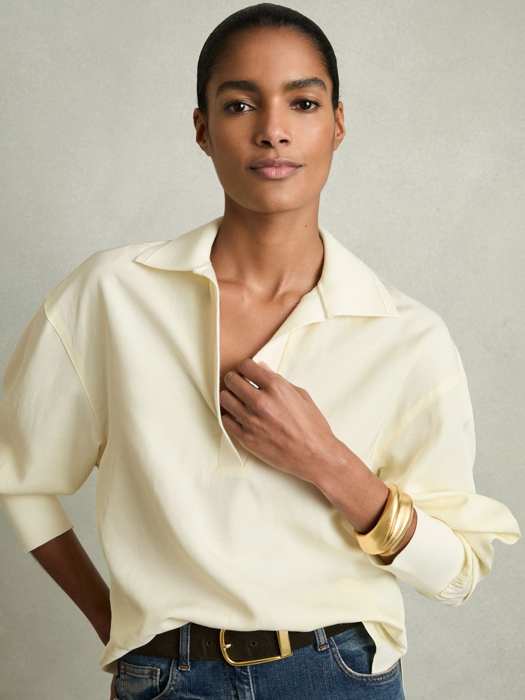 Buy Reiss Pale Yellow Isobel Overhead Open-Collar Shirt With Linen