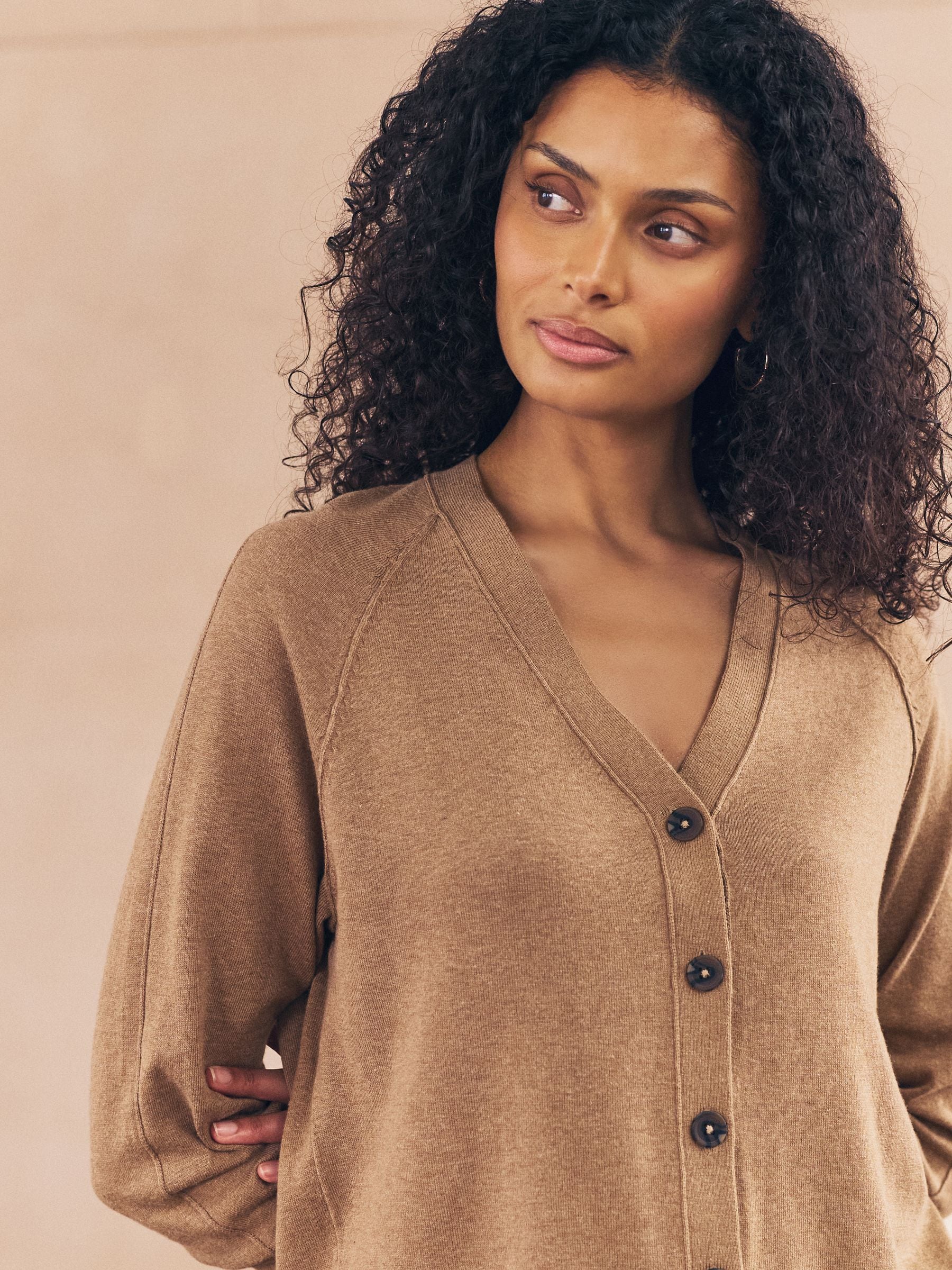 Buy Camel Brown Soft Touch V-Neck Cotton Rich Button Up Cardigan