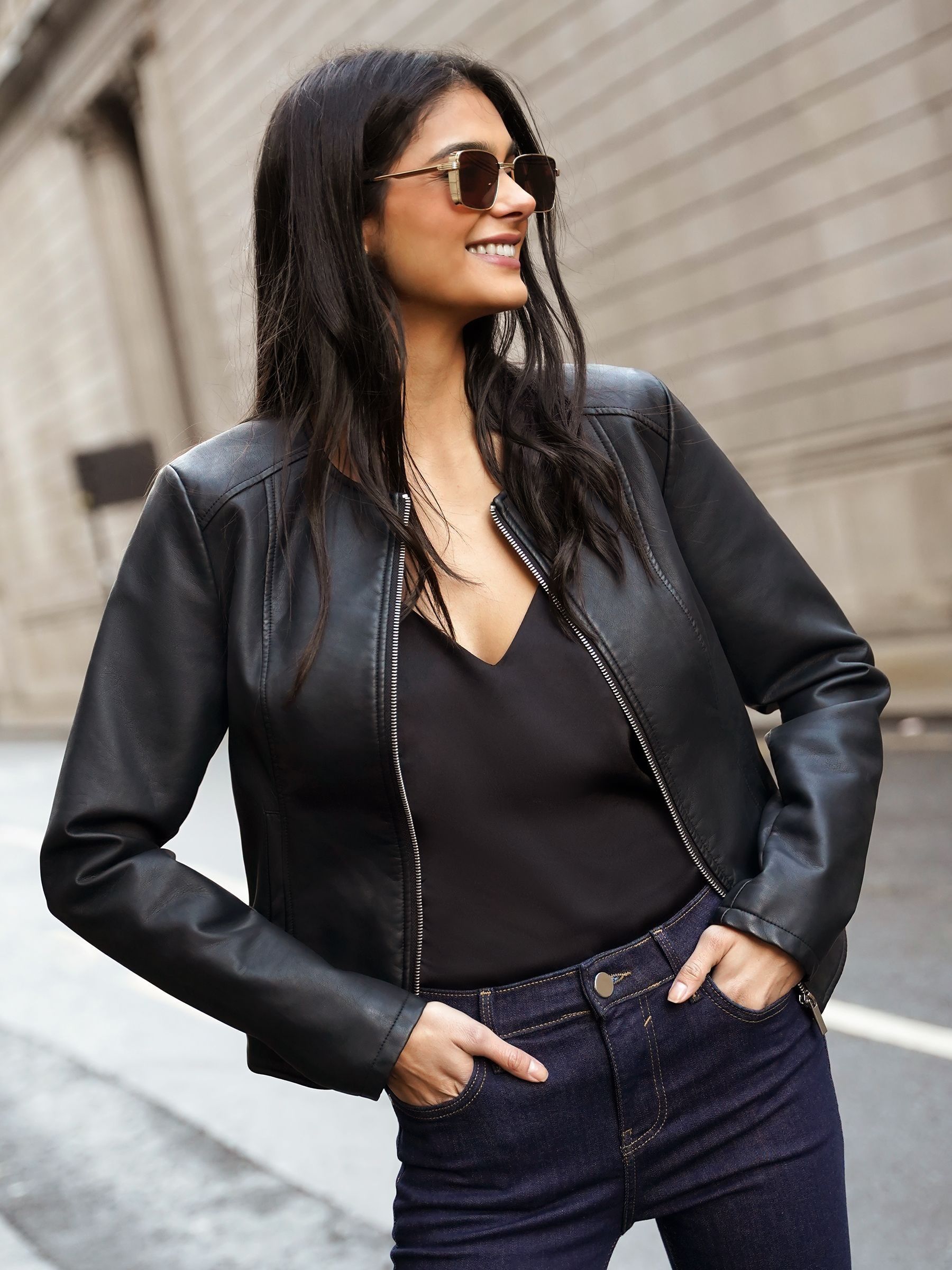 Buy Friends Like These Black Faux Leather Short Collarless Jacket