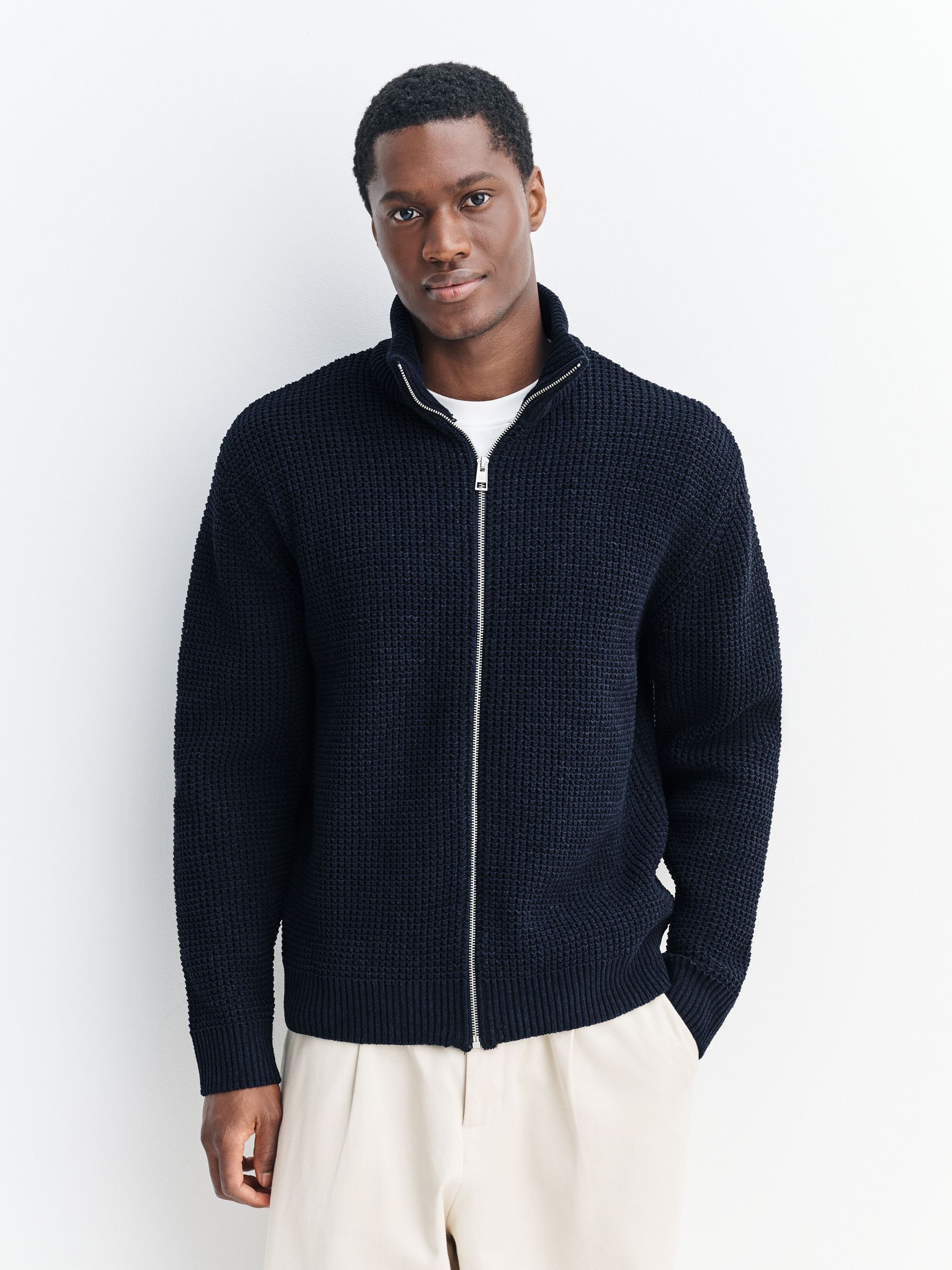 Buy Navy Blue Regular Fit Waffle Texture Chenille Zip Through