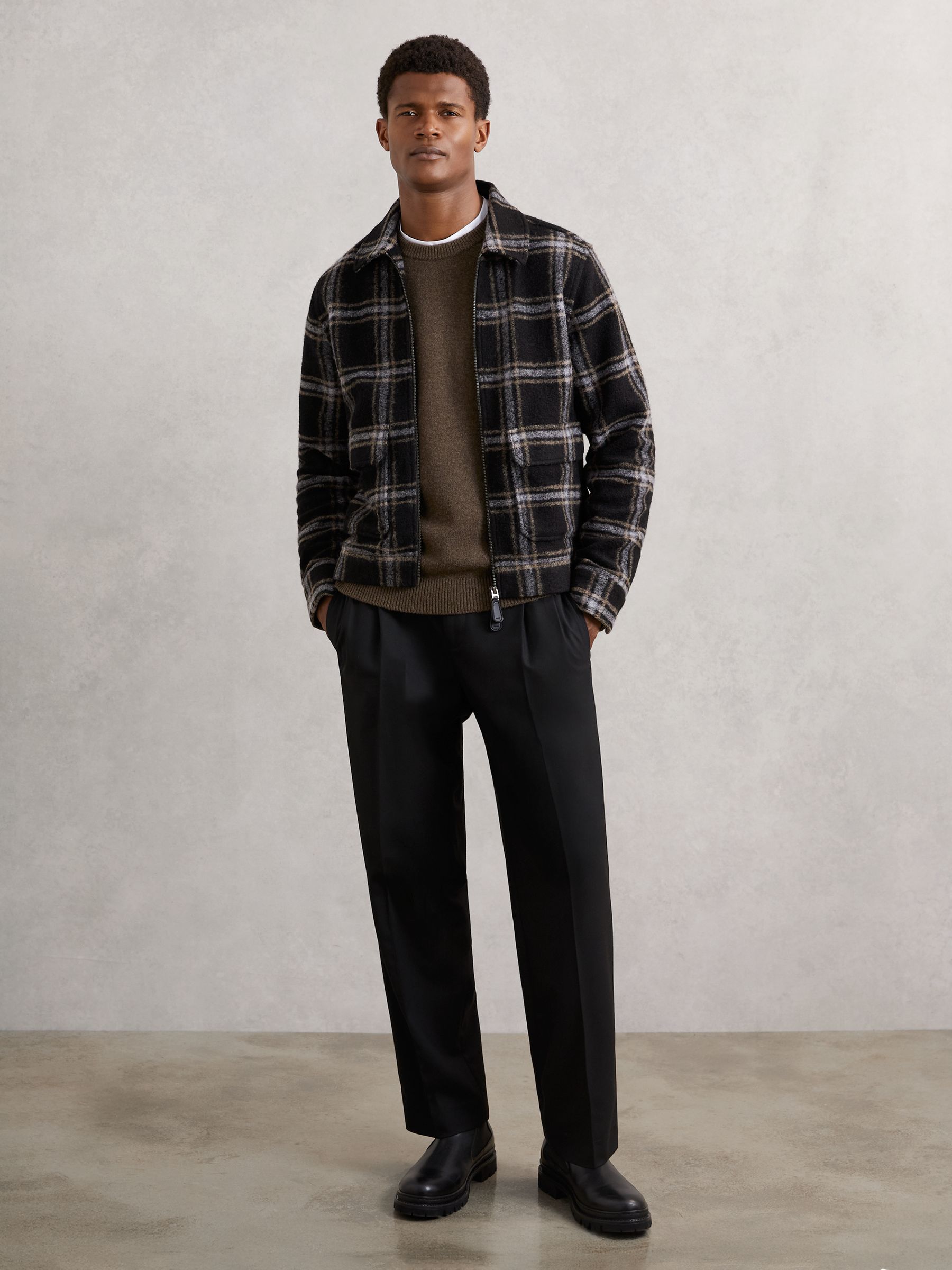 Buy Reiss Navy Varena Zip-Through Check Overshirt with Wool from