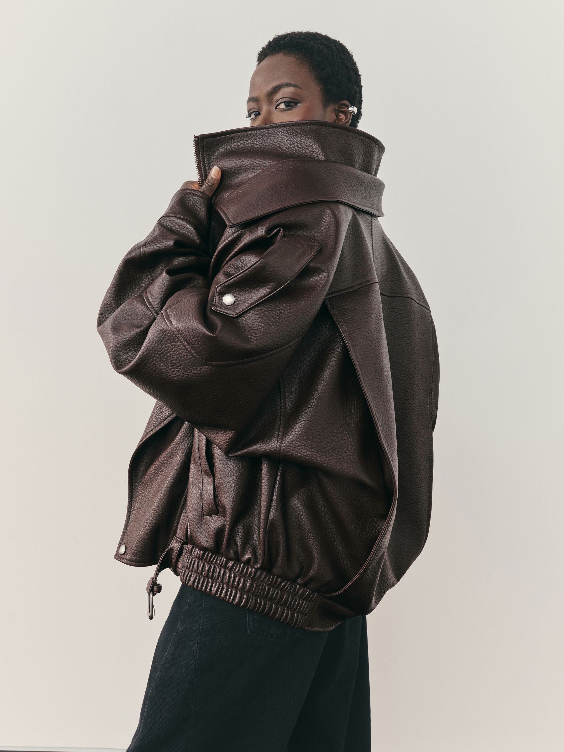 Buy Nothing Ordinary Brown Faux Leather Funnel Collared Biker