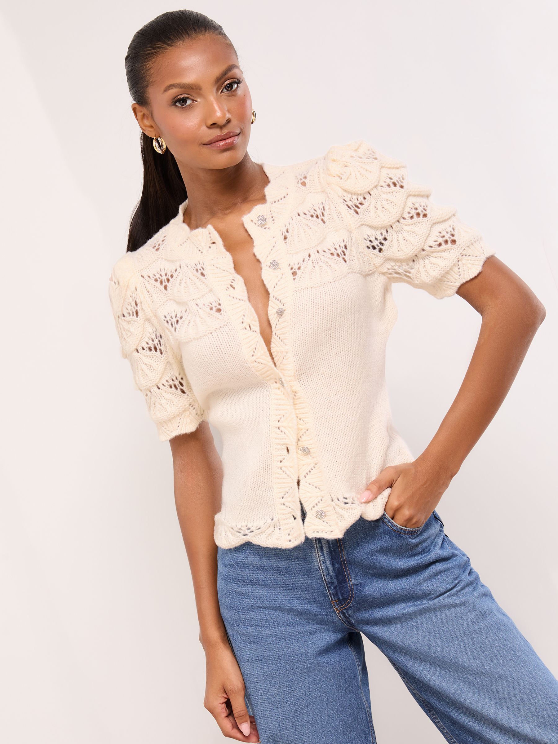 Buy Lipsy Neutral Short Sleeve Scallop Pointelle Stitch