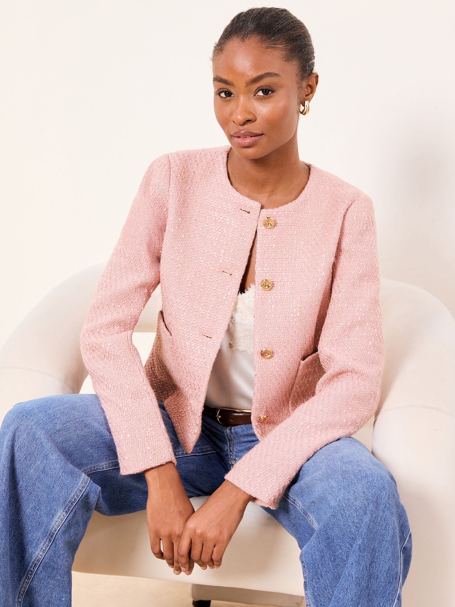 Buy Lipsy Pink Collarless Boucle Jacket from the Next UK online shop
