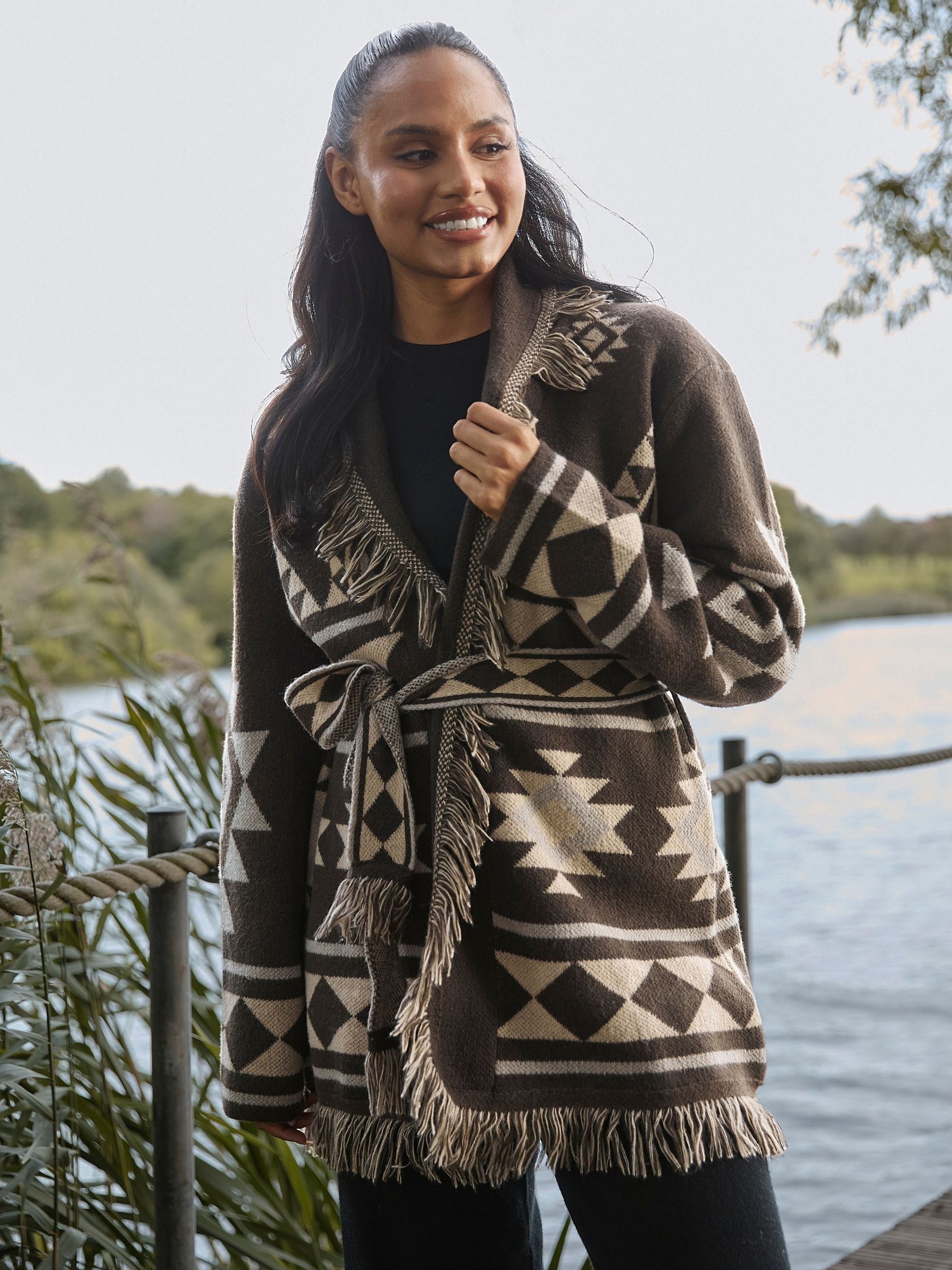 Buy South Beach Brown Jacquard Wasit Tie Knitted Fringe Cardigan